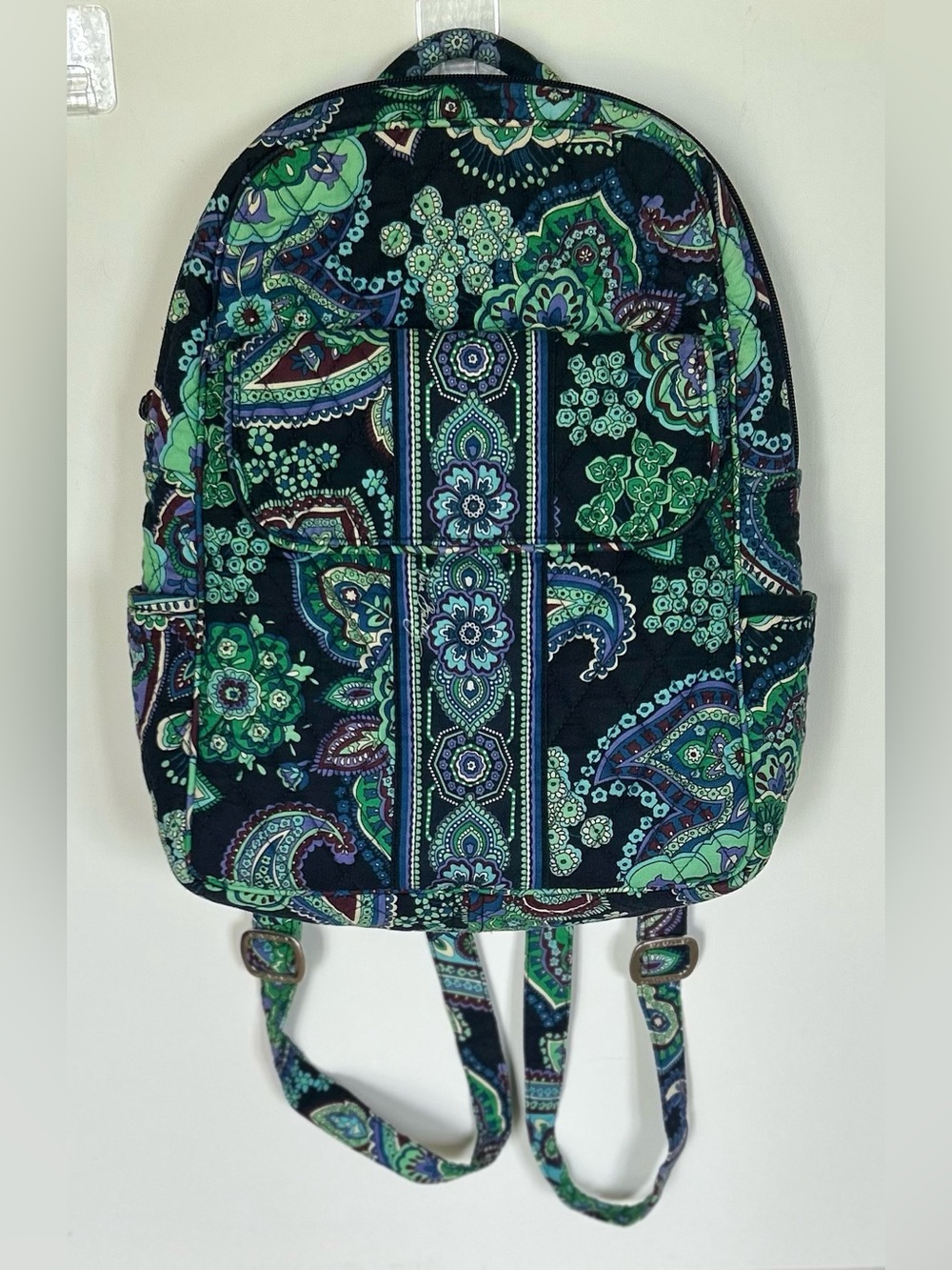 Vera Bradley Quilted Paisley Green & Navy Backpack with multiple compartments!